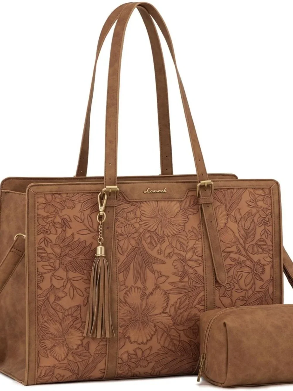 Vintage Leather 15.6-Inch Women's Laptop Tote with Clutch & Tassel
